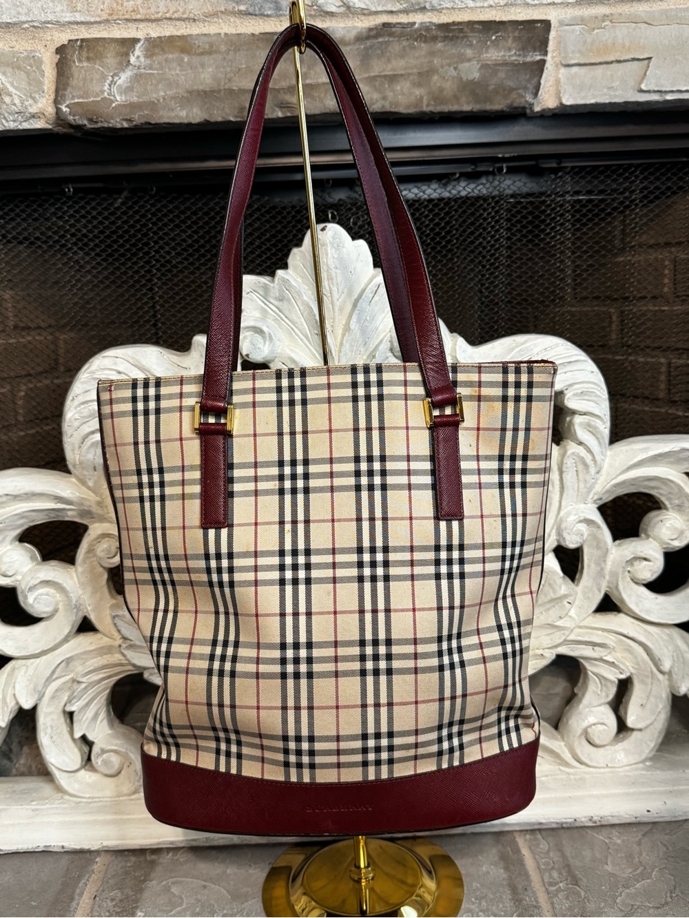 Burberry Novacheck tote with Burgundy trim and COA